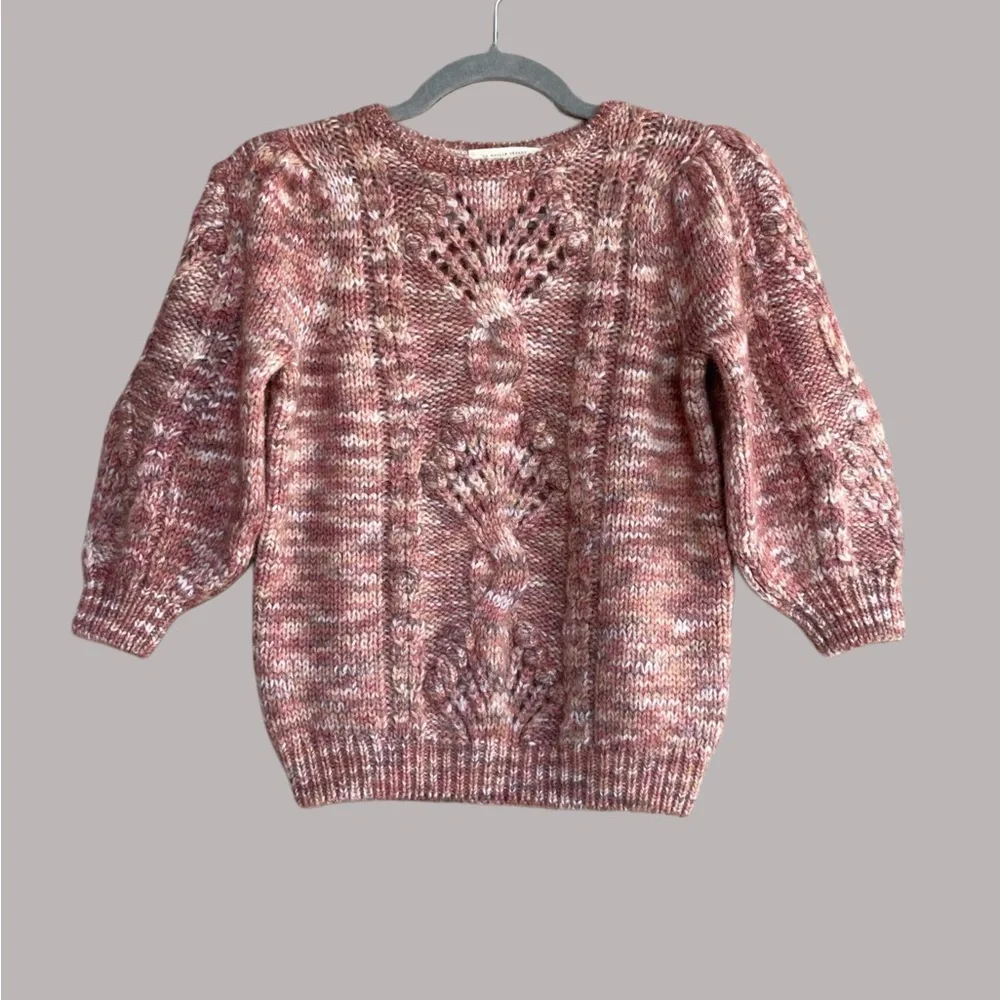 SEZANE Red Mohair Wool Cable Knit Short 3/4 Puff Sleeve Sweater Giulia Jumper XS - Picture 5 of 12